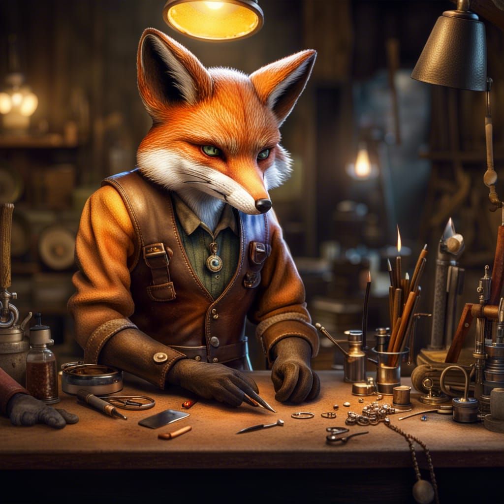 Fox Jeweler in Rustic Workshop Watercolor