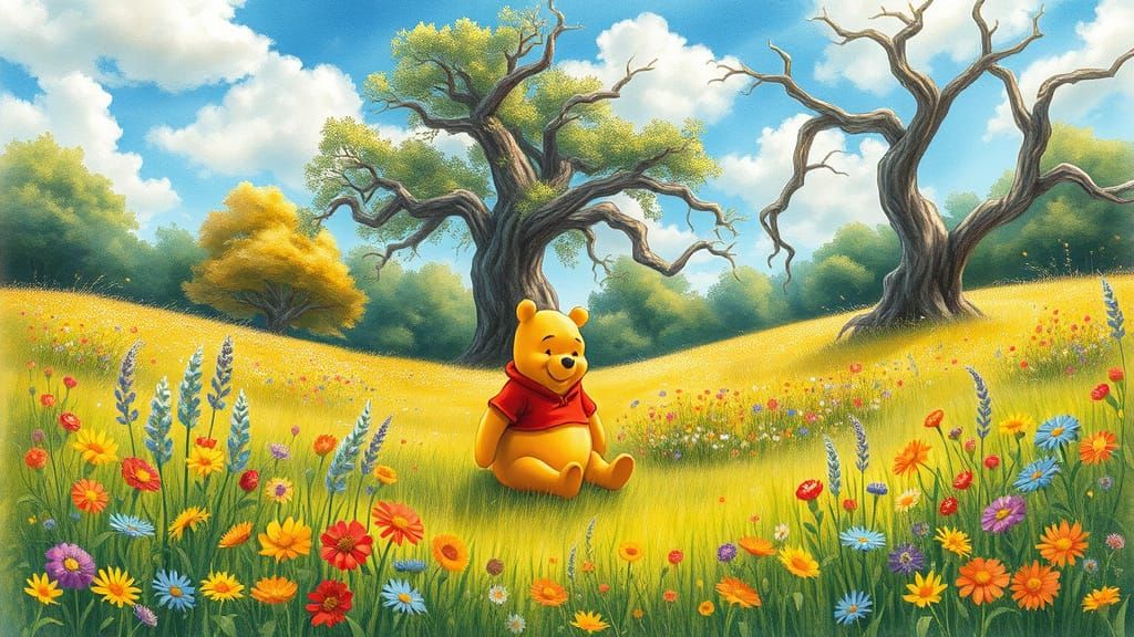 Whimsical Winnie the Pooh in a Vibrant Watercolor Wonderland