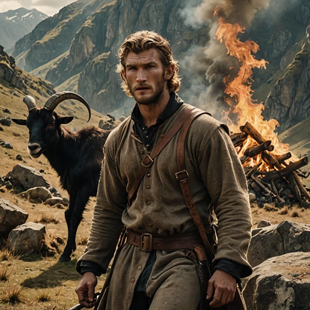 Hunter in Medieval Scene with Goat, Hyperrealistic Style