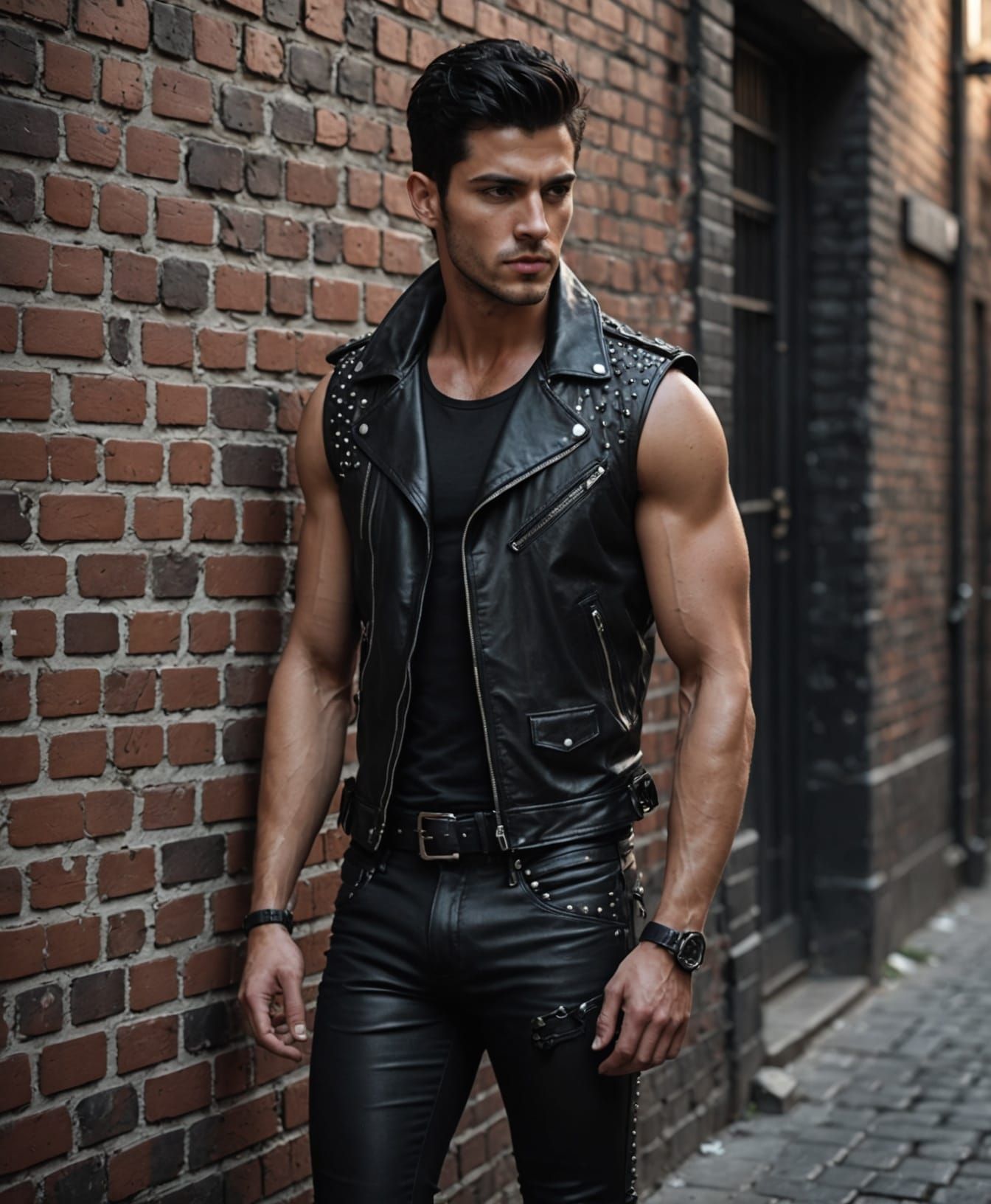 Muscular Man in Leather Jacket in Alleyway