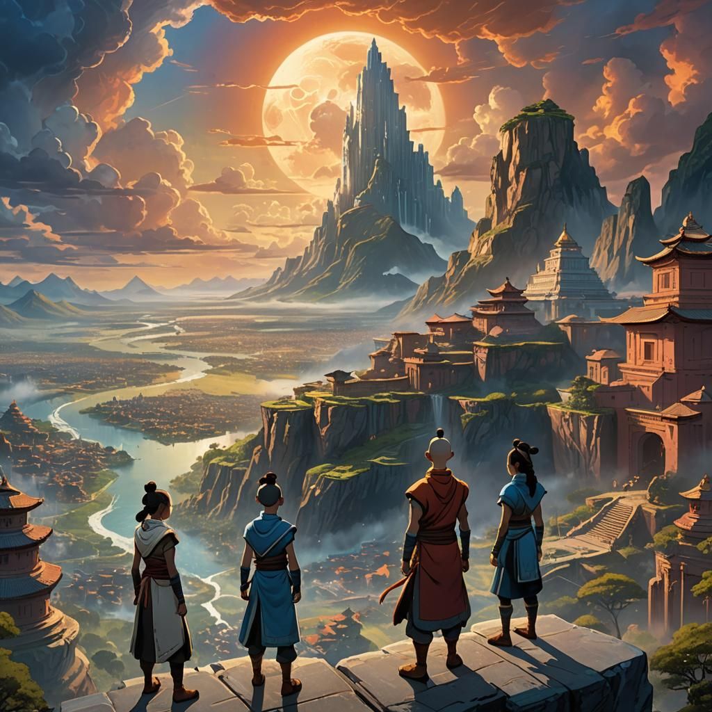 Aang, Katara and Sokka in Mystical Cityscape