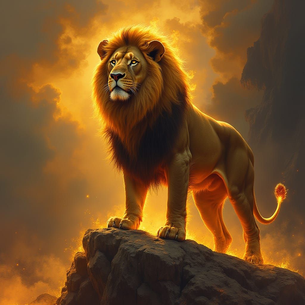 Golden Lion on Fiery Crag in Hyperrealistic Style