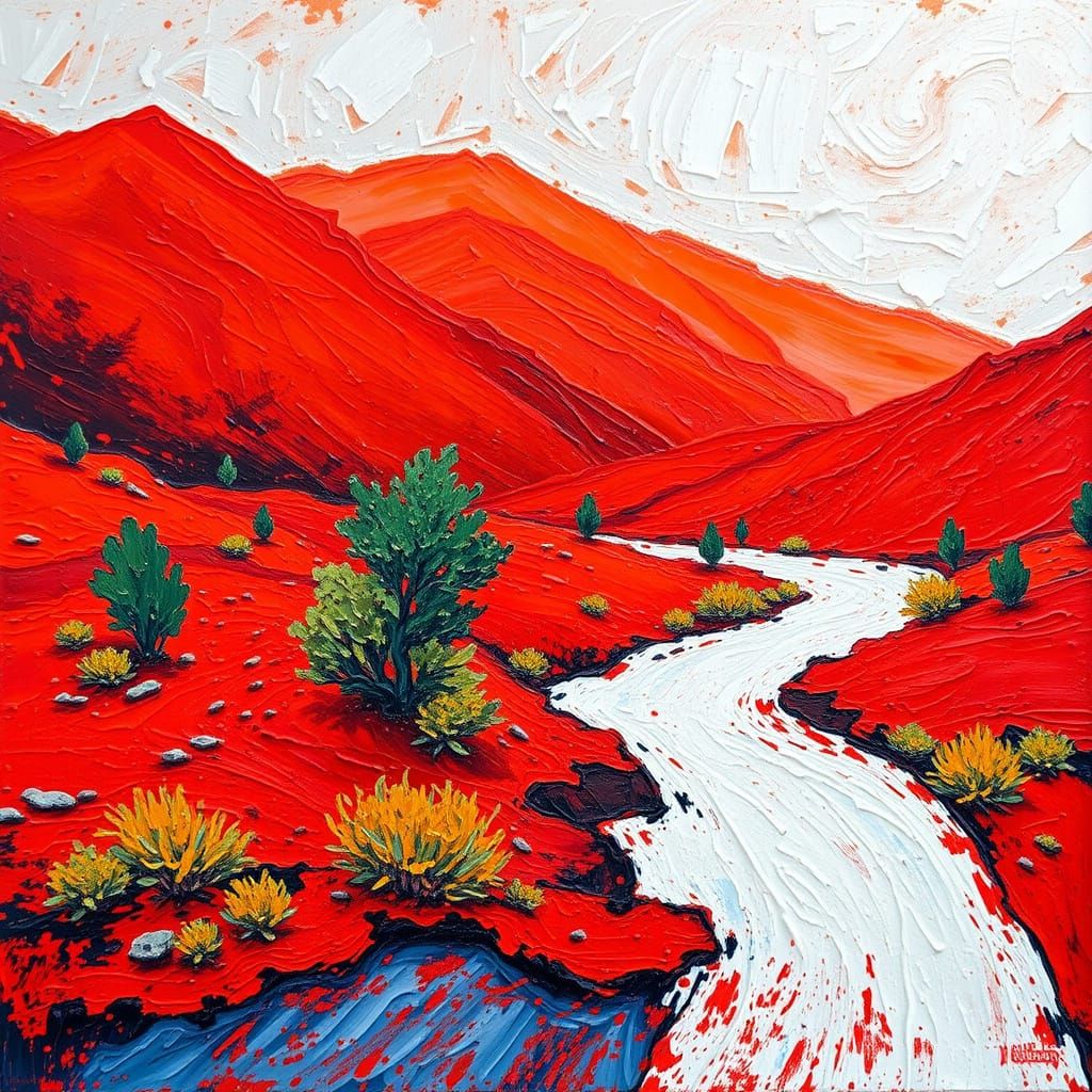 Red Landscape with White River as Impasto Painting