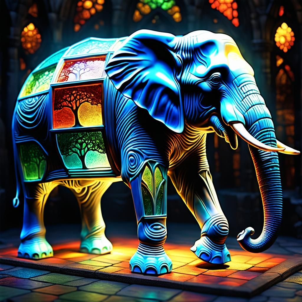 Stained Glass Elephant in Dungeon, Magic Surrealism