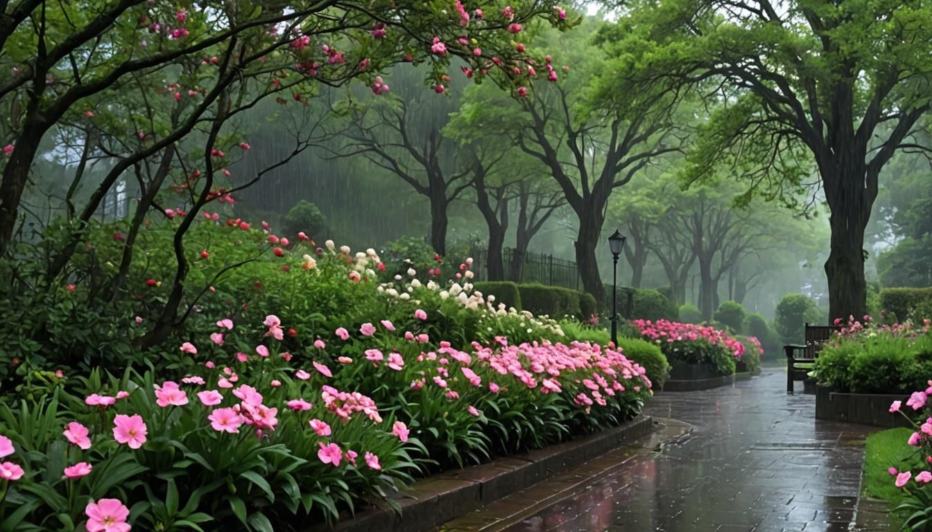 Rainy Garden Scene with Colorful Blossoms