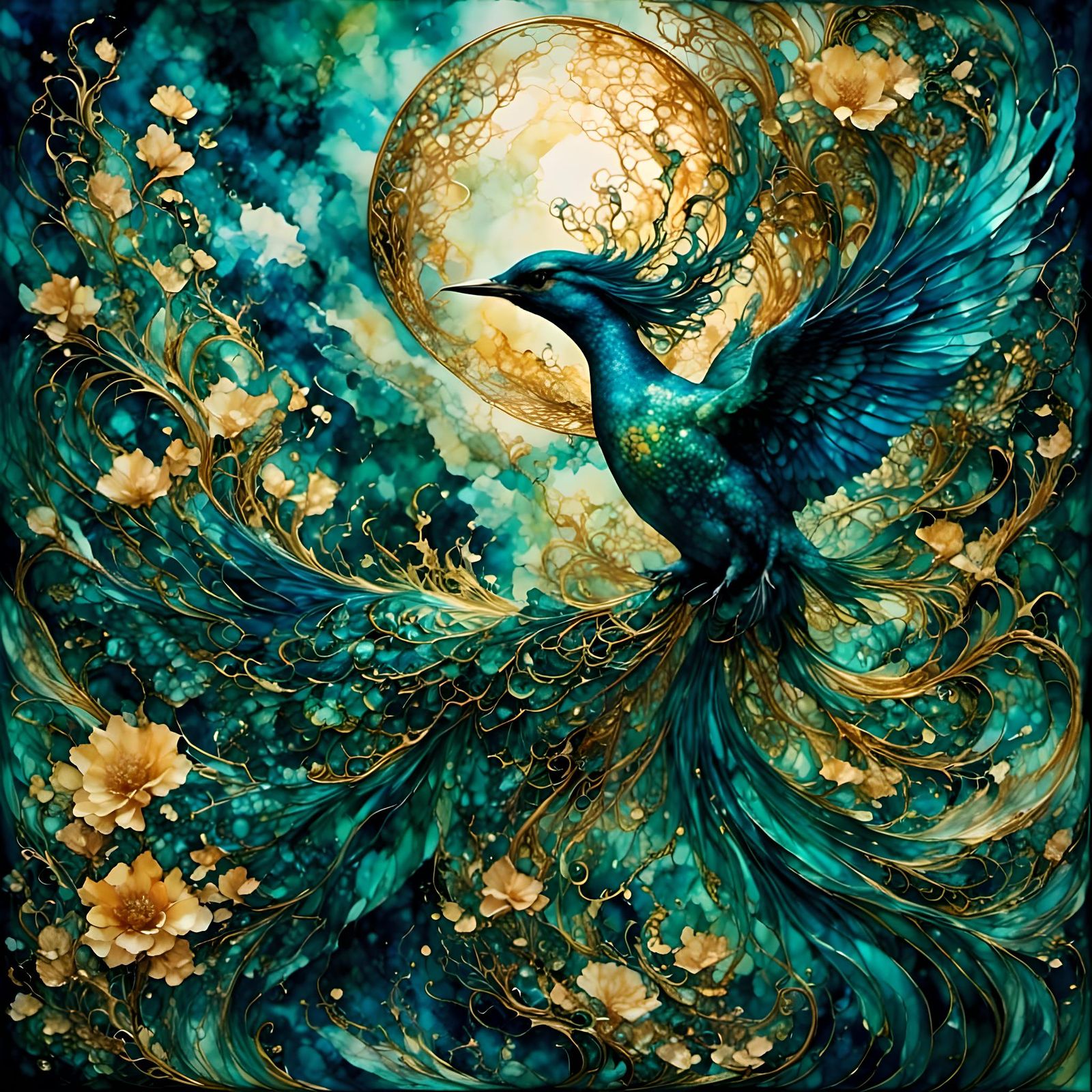 Epic Ink Bird Over Ocean in Fantasy Style