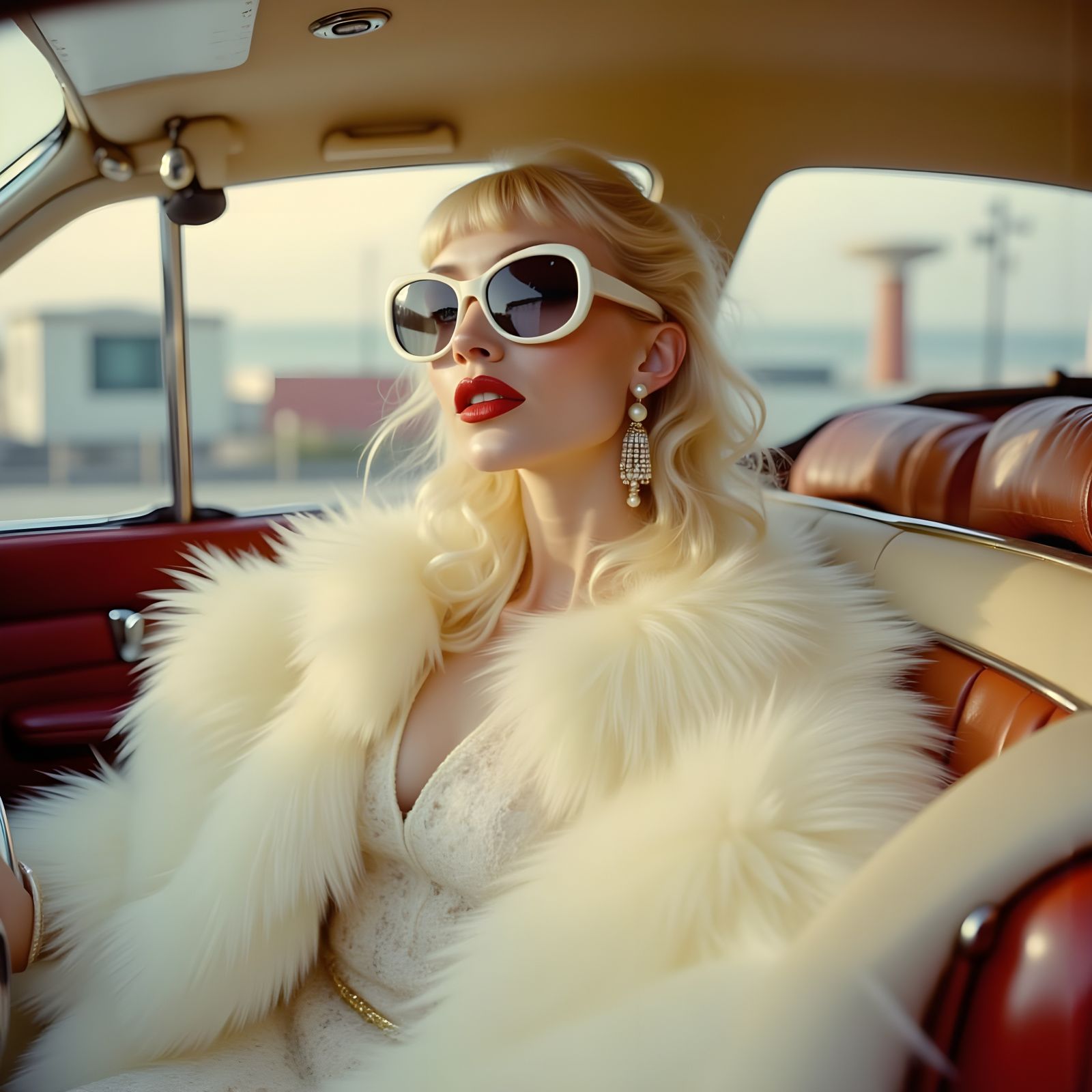 Glamorous Woman in Car with Pearl Accents