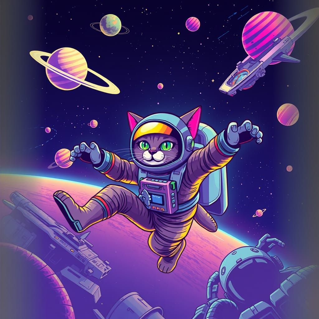 Futuristic Feline Astronaut Soars Through Cosmic Voids