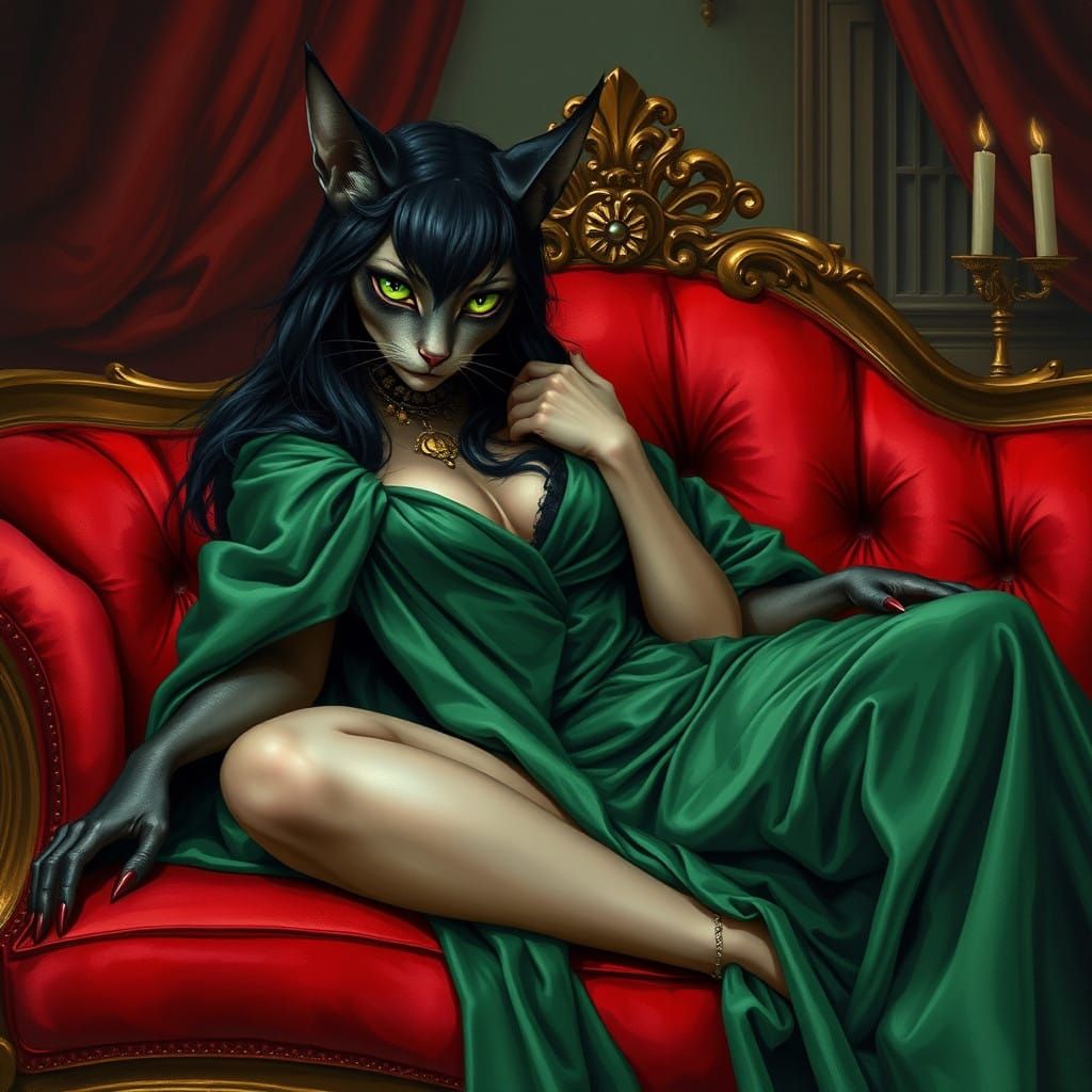 Seductive Feline Goddess in Luxurious Velvet Attire