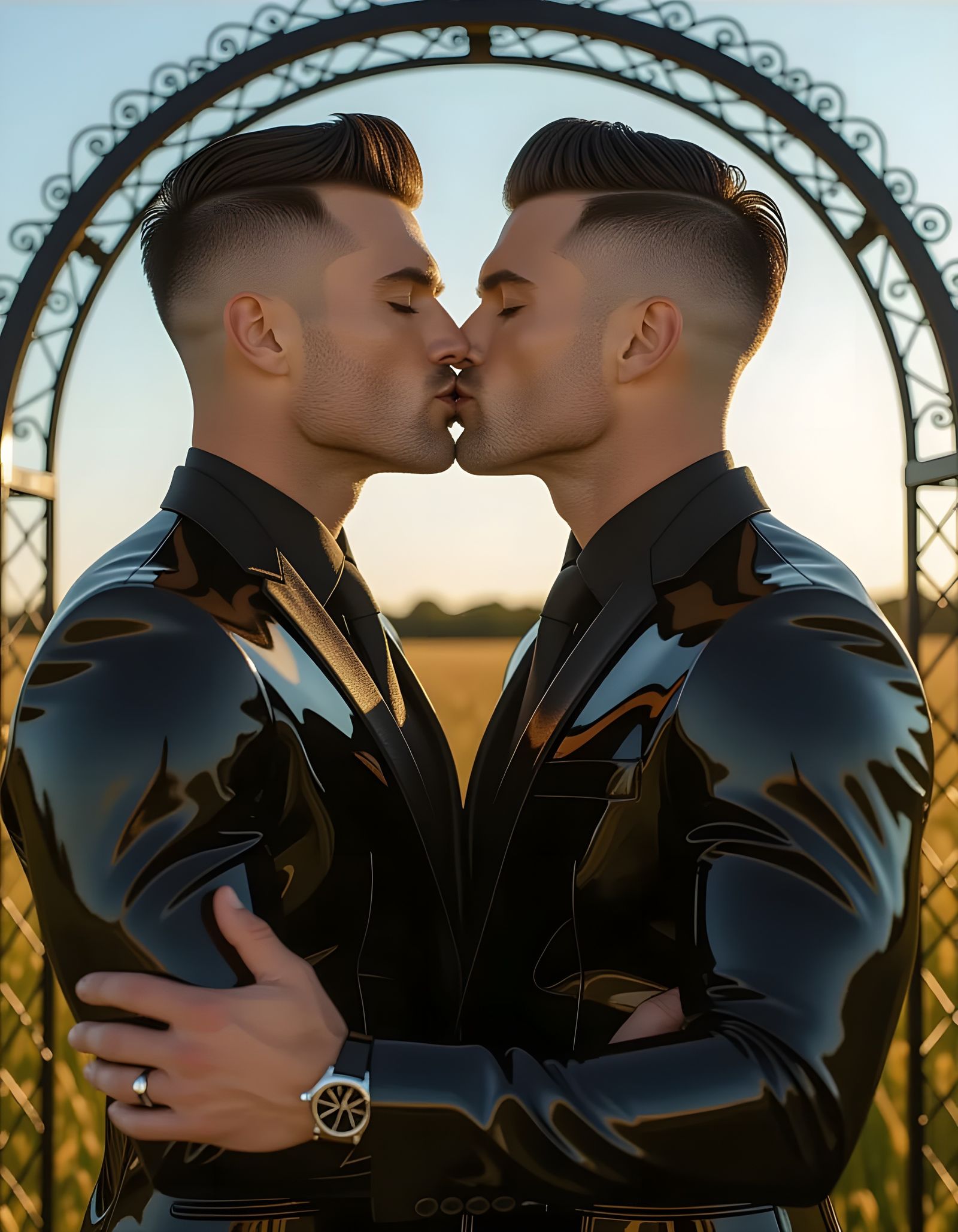 Passionate Kiss: Two Men in Latex, Hyperrealistic Portrait
