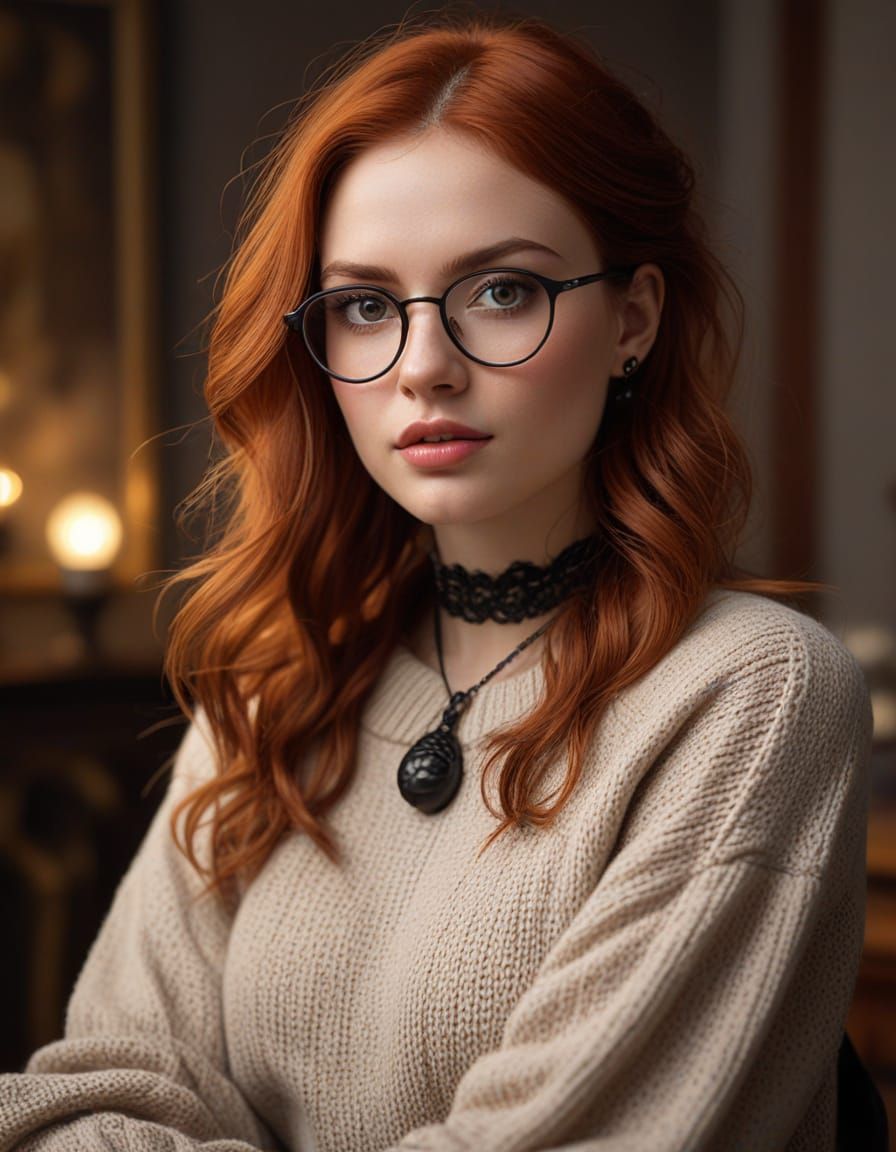 A 30 year old woman with glasses  sits in a room characterized by a warm, inviting atmosphere, illuminated by soft, diff...