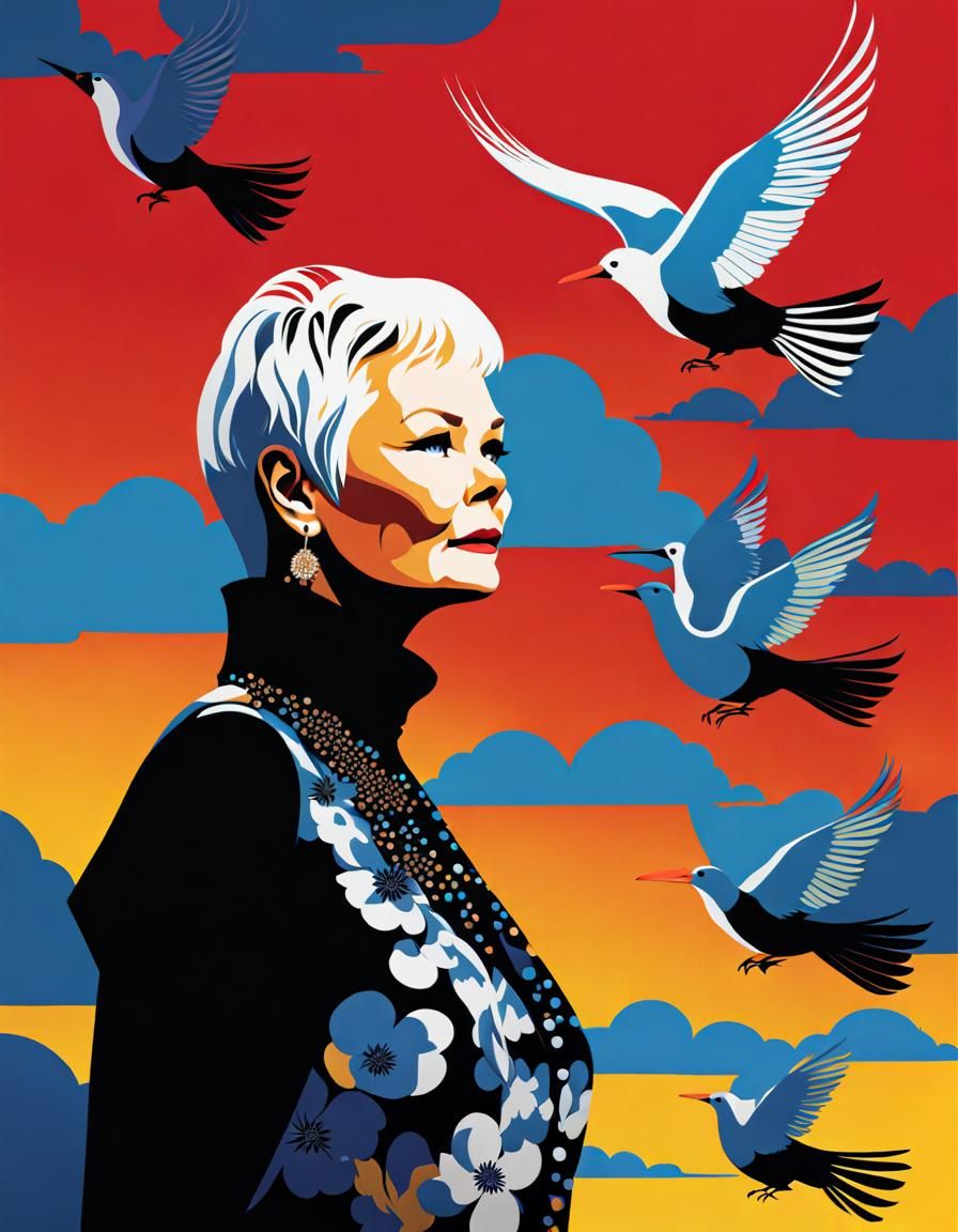 Judi Dench Pop Art Portrait with Birds