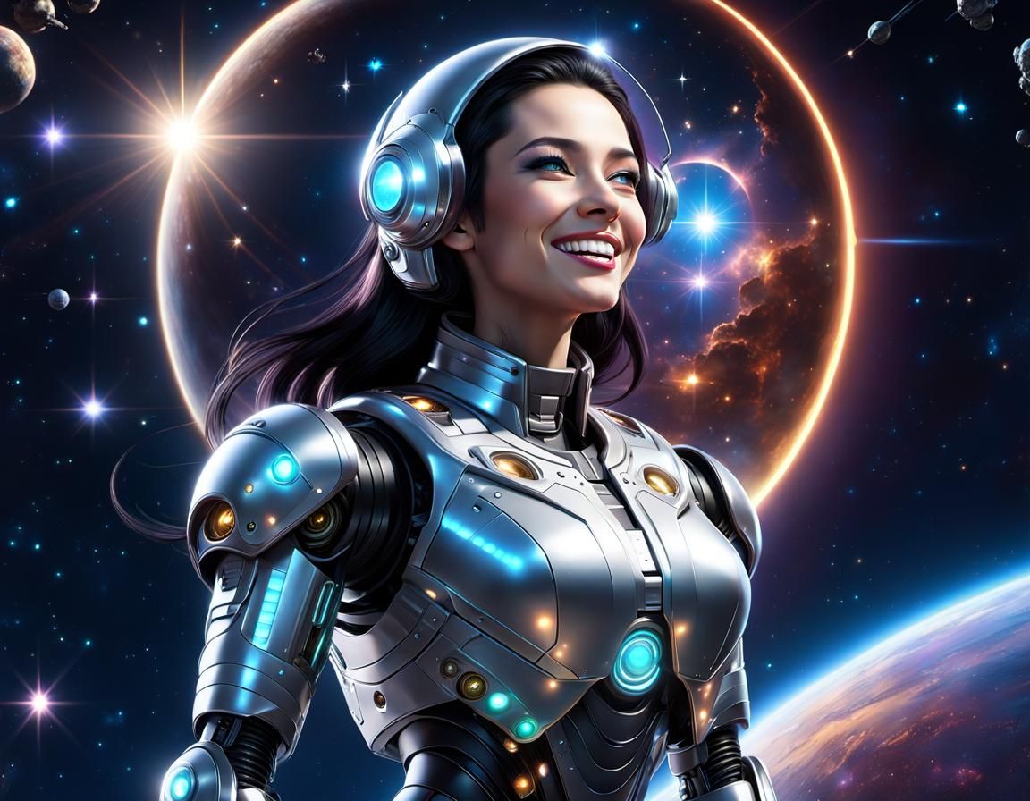 Cyborg Stargazer on Alien Planet in Digital Watercolor