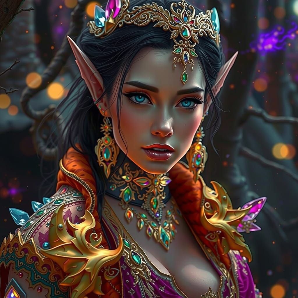 Ethereal Elf Sorceress in Moonlit Forest, Hyperrealistic Art