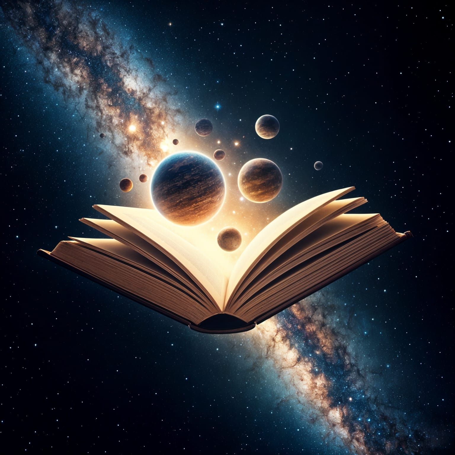Open Book Flying Through Space with Planets