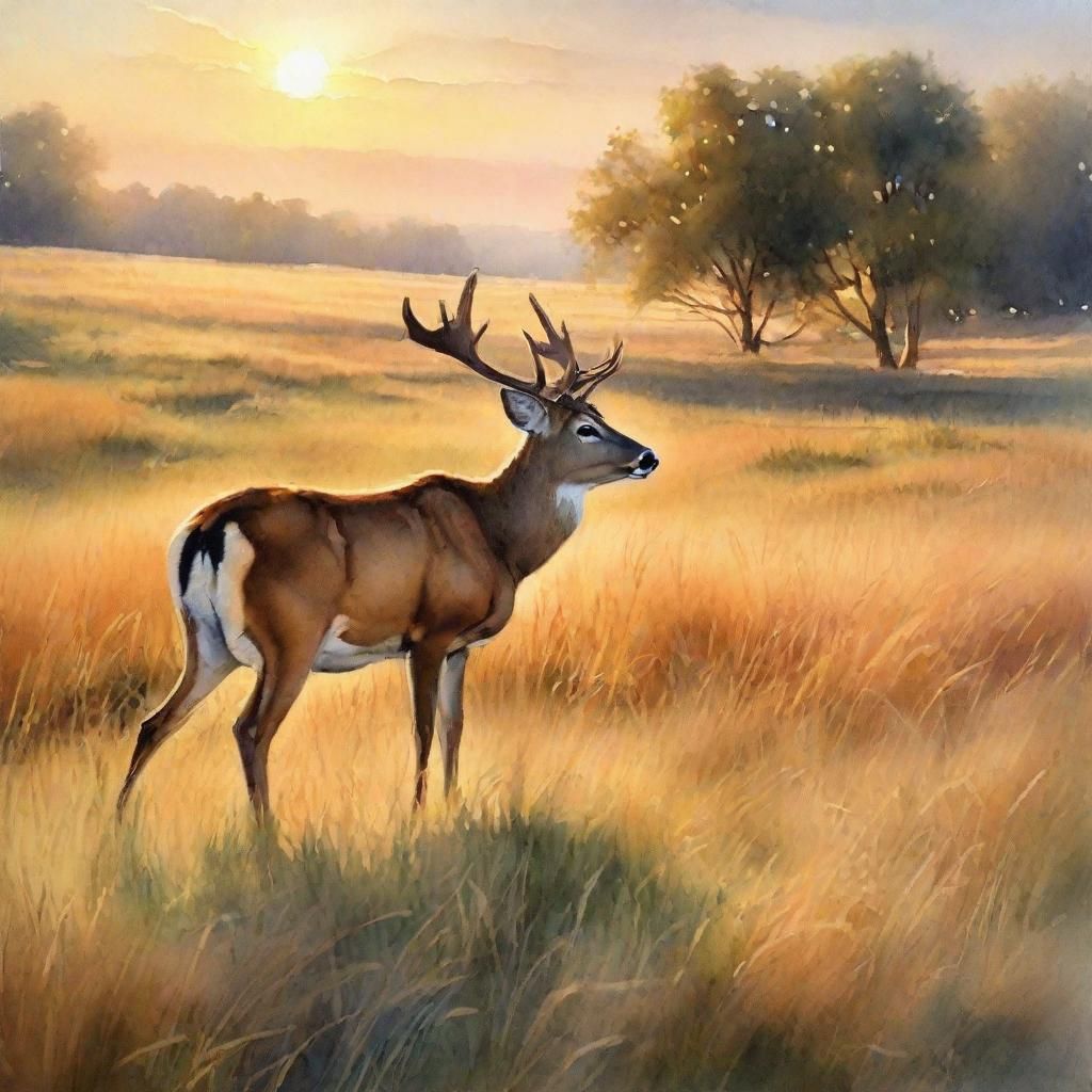 Deer in Prairie: Watercolor Landscape at Golden Hour