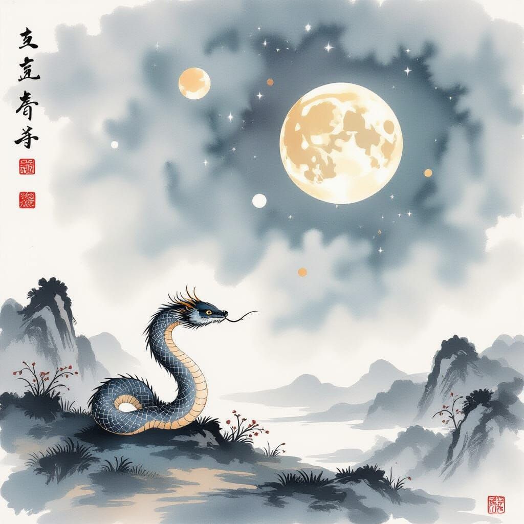 Celestial Serpent Ink Painting in Chinese Watercolor Style