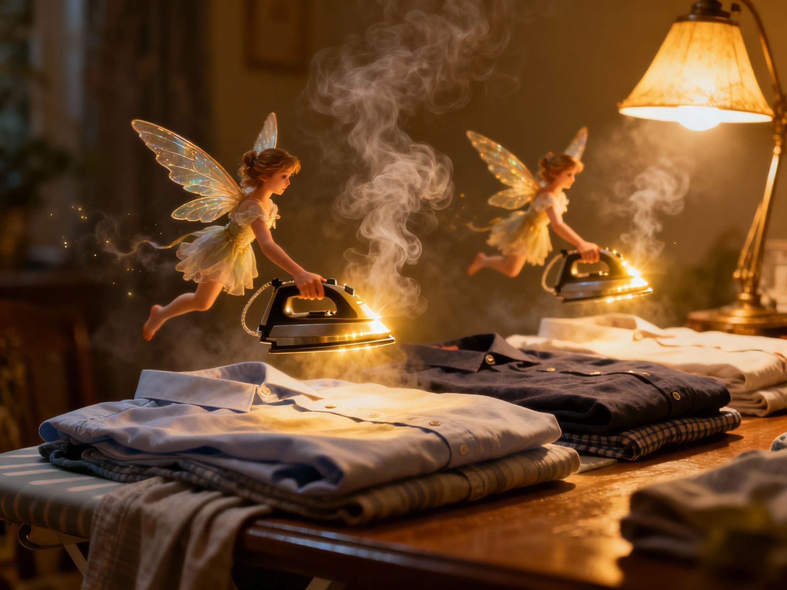 Tiny Winged Sprites Ironing Clothes with Glowing Irons