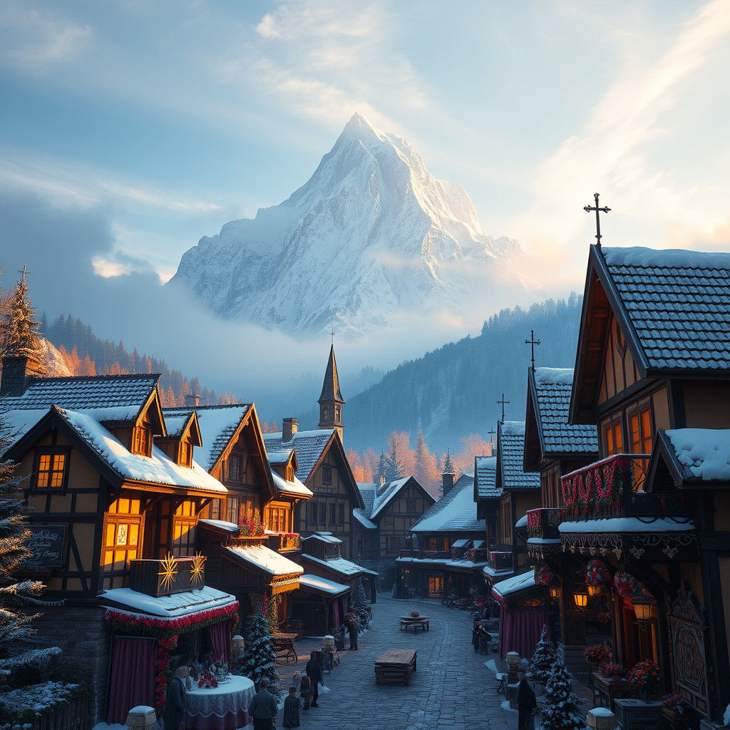 Quaint medieval slavic village in the mountains at wintertim...