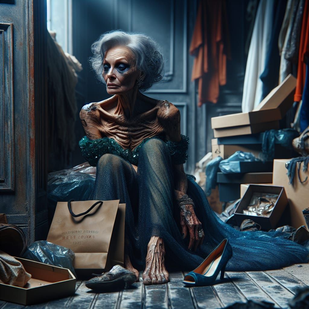 50-Year-Old Woman in Worn Blue Gown, Dark Circles, Vacant Ga...