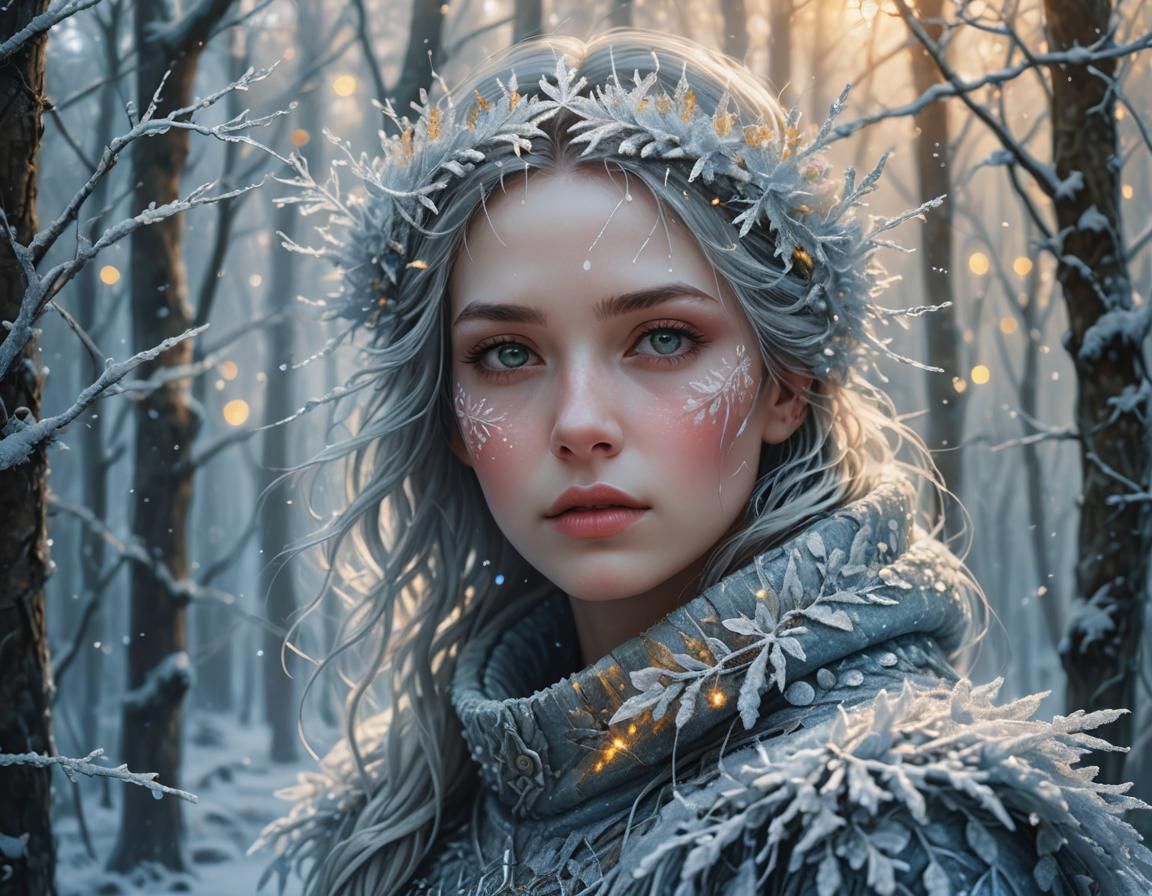 Frosty Woman in Magical Forest, Digital Fantasy Art