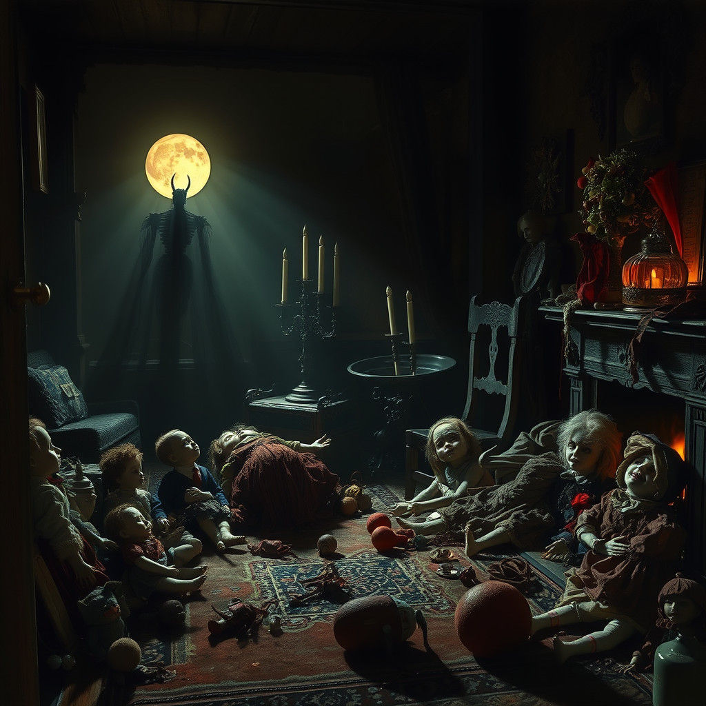 Eerie Victorian Christmas Scene with Antique Dolls