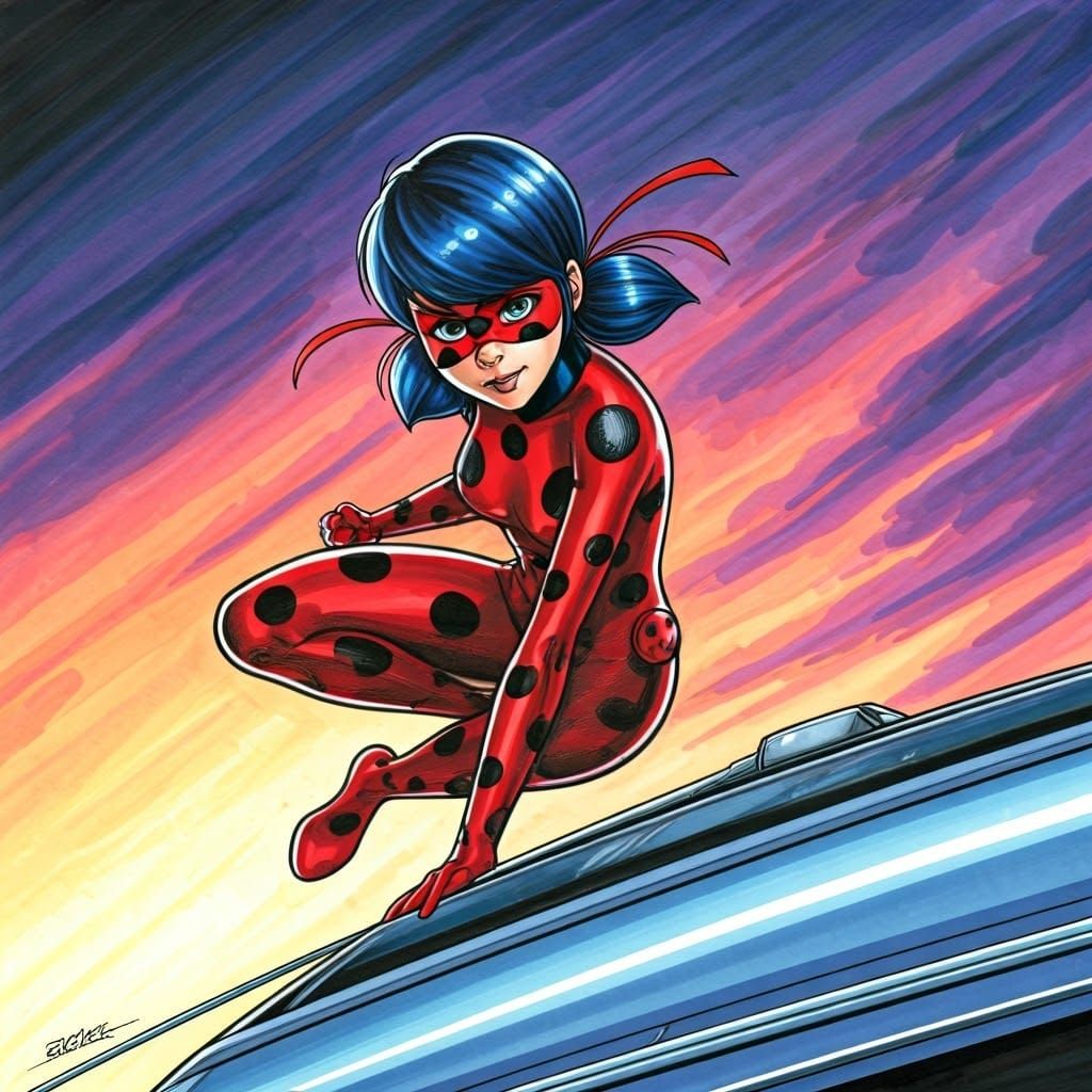 Ladybug Super-Heroine Jumps Over Car: Comic Art