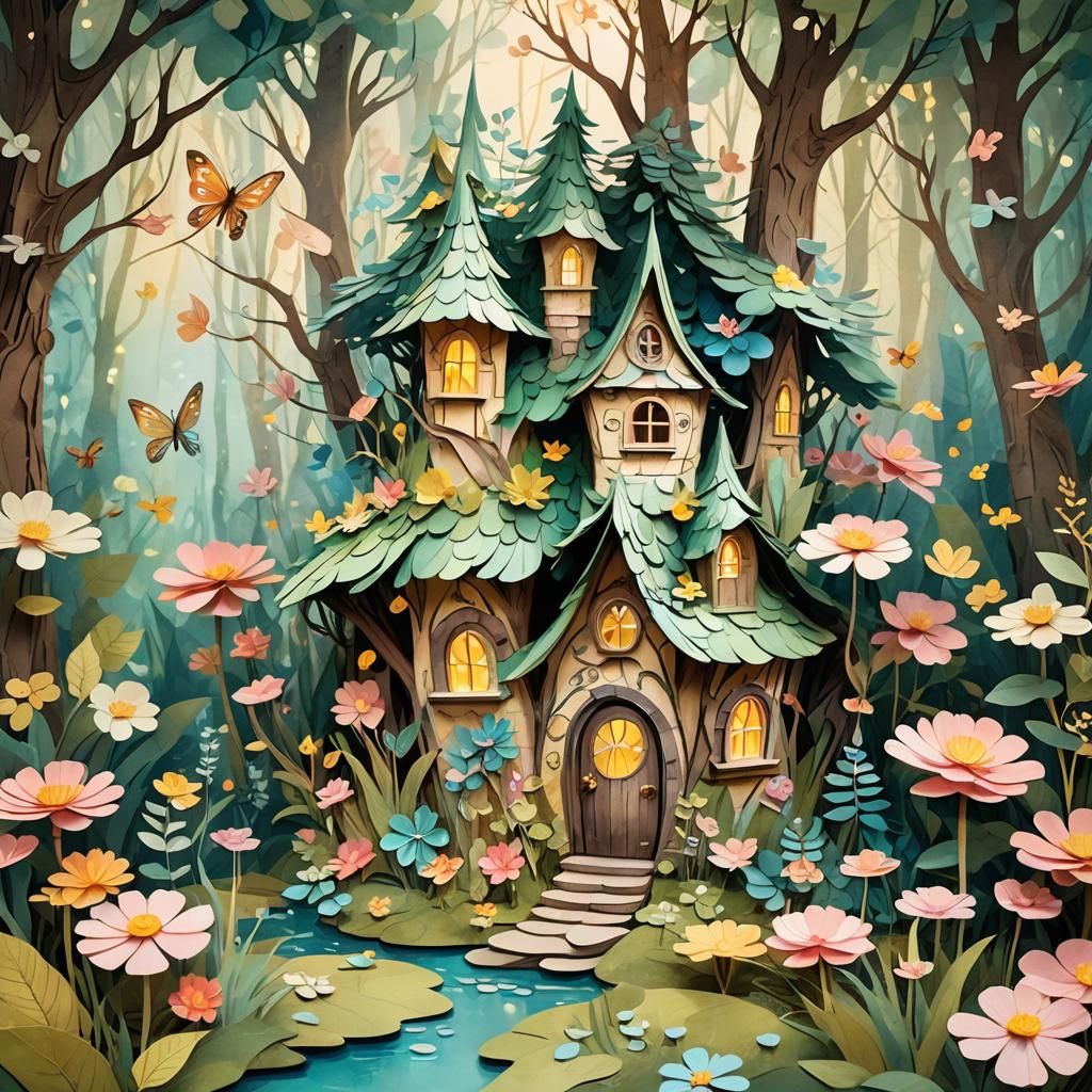 Paper Fairy House in Enchanted Forest, Arts and Crafts Style