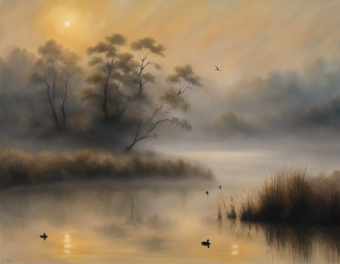 Wild Ducks Gliding on Misty Lake: Tonalist Landscape