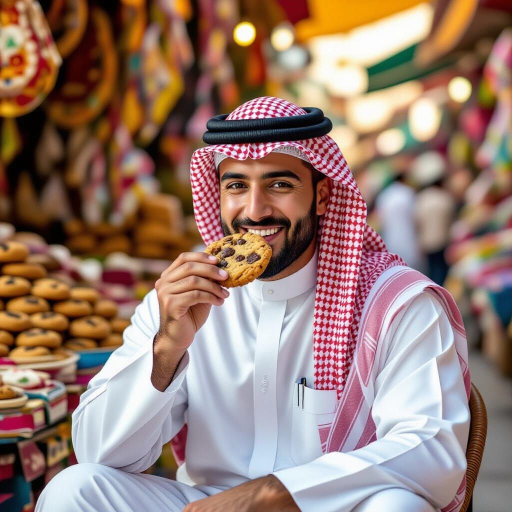 Man in Doha Eating Cookie, Digital Painting Style