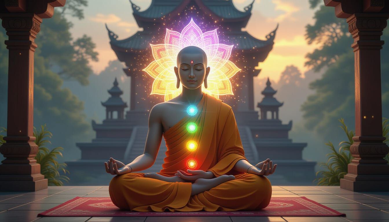 Monk in Lotus Pose with Chakra Aura