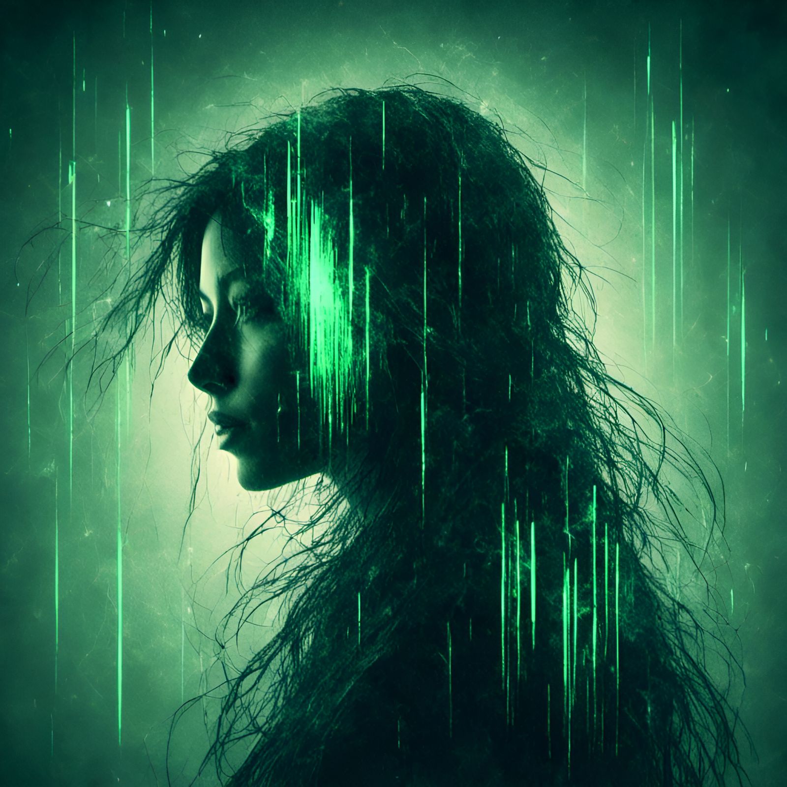 Glitch Art Portrait of Woman with Green Shockwaves