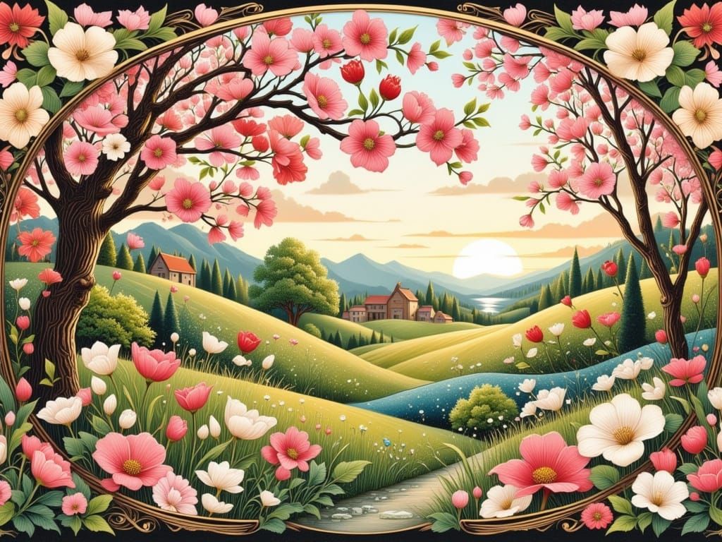 Ethereal Apple Blossom Garden in Art Nouveau Style