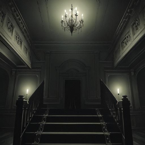 Ominous Staircase in Abandoned Mansion: Cinematic Still