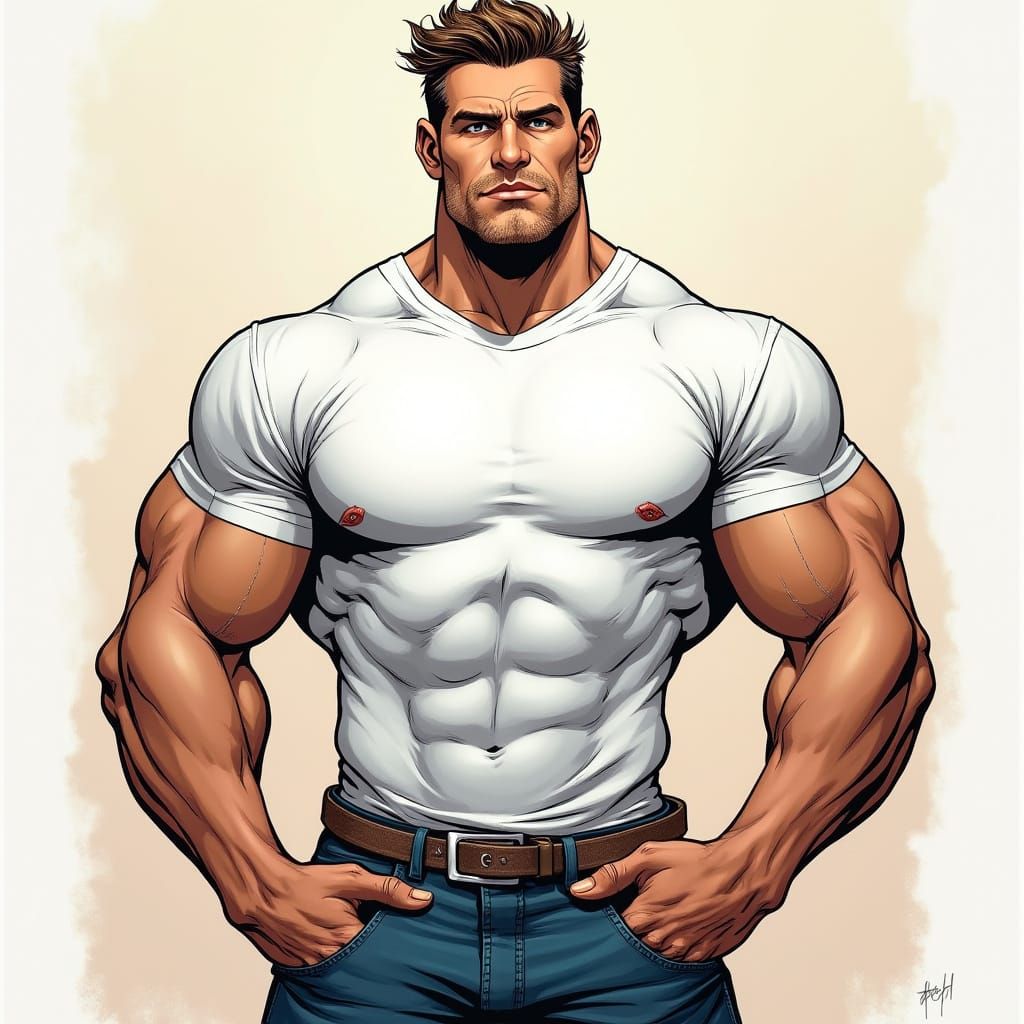 Muscular Man Posing in Comic Book Style