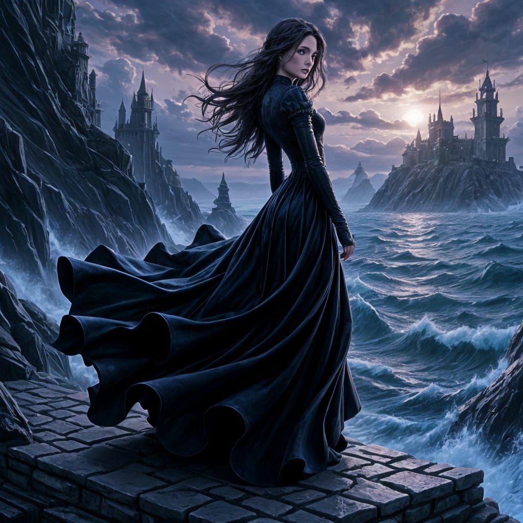 Anime Milady de Winter on Stormy Castle Battlement