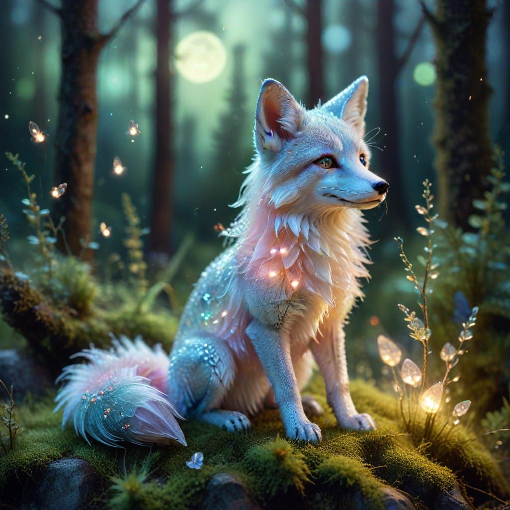 Luminescent Glass Fox in Moonlit Forest, Watercolor Style