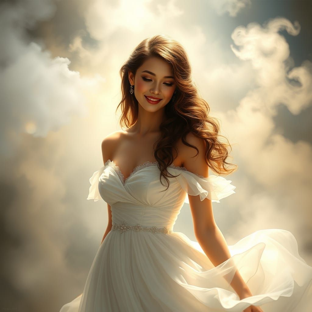 Ethereal Lady in Flowing Gown, Dreamy Lighting