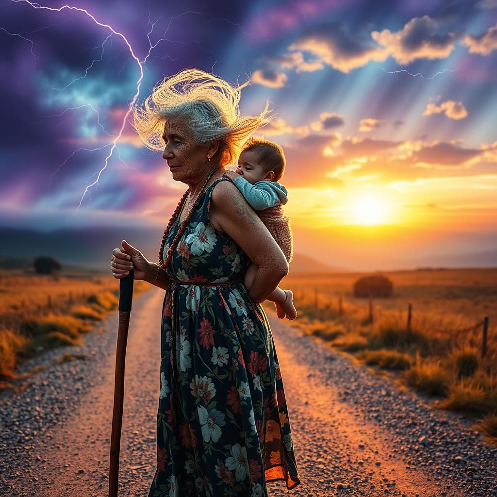 Maori Matriarch with Child in Dreamy Watercolor Landscape
