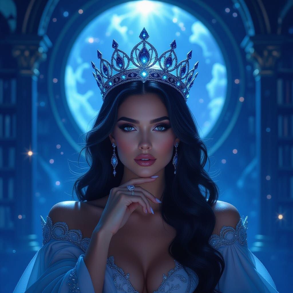 Regal Queen on Obsidian Throne in Cosmic Library