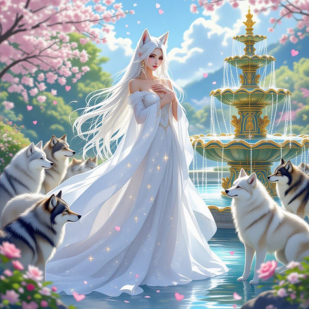 Wolfie and Pack by a water fountain (error)