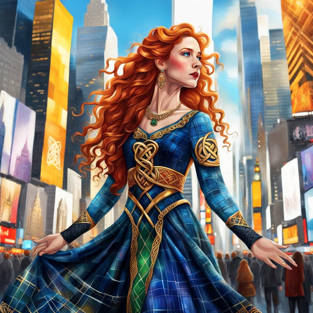 Scottish Princess in Times Square: Vibrant Oil Painting