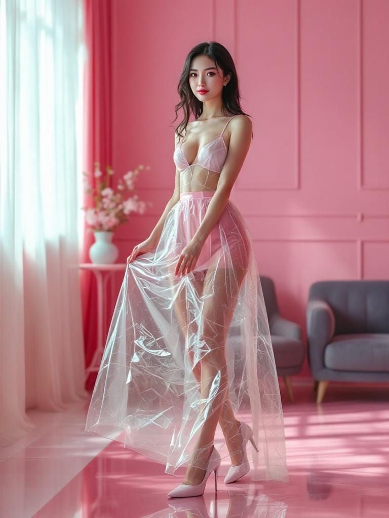 Chinese Woman in Plastic Skirt: Realistic Photo