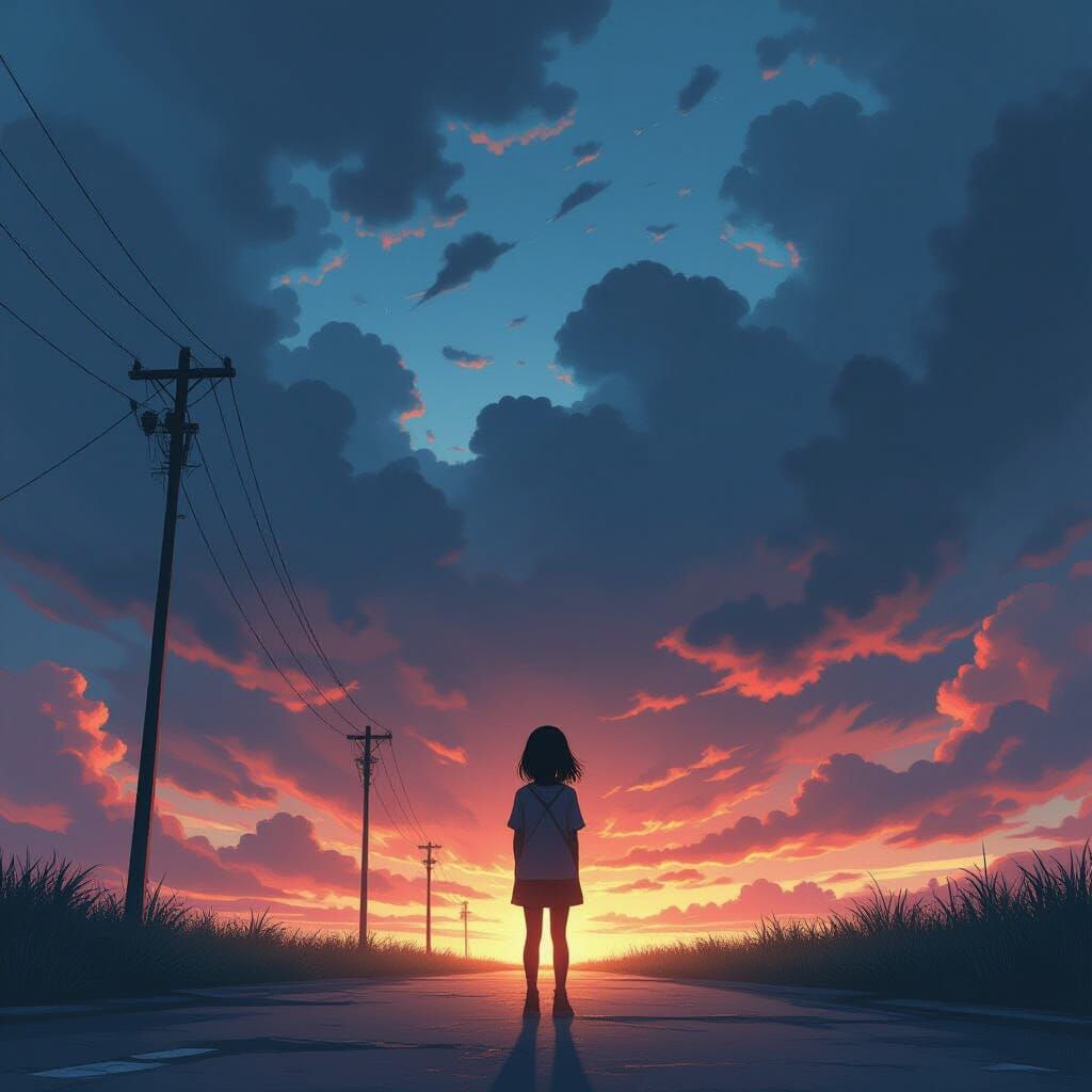 Girl Under Apocalyptic Sky in Manga Style