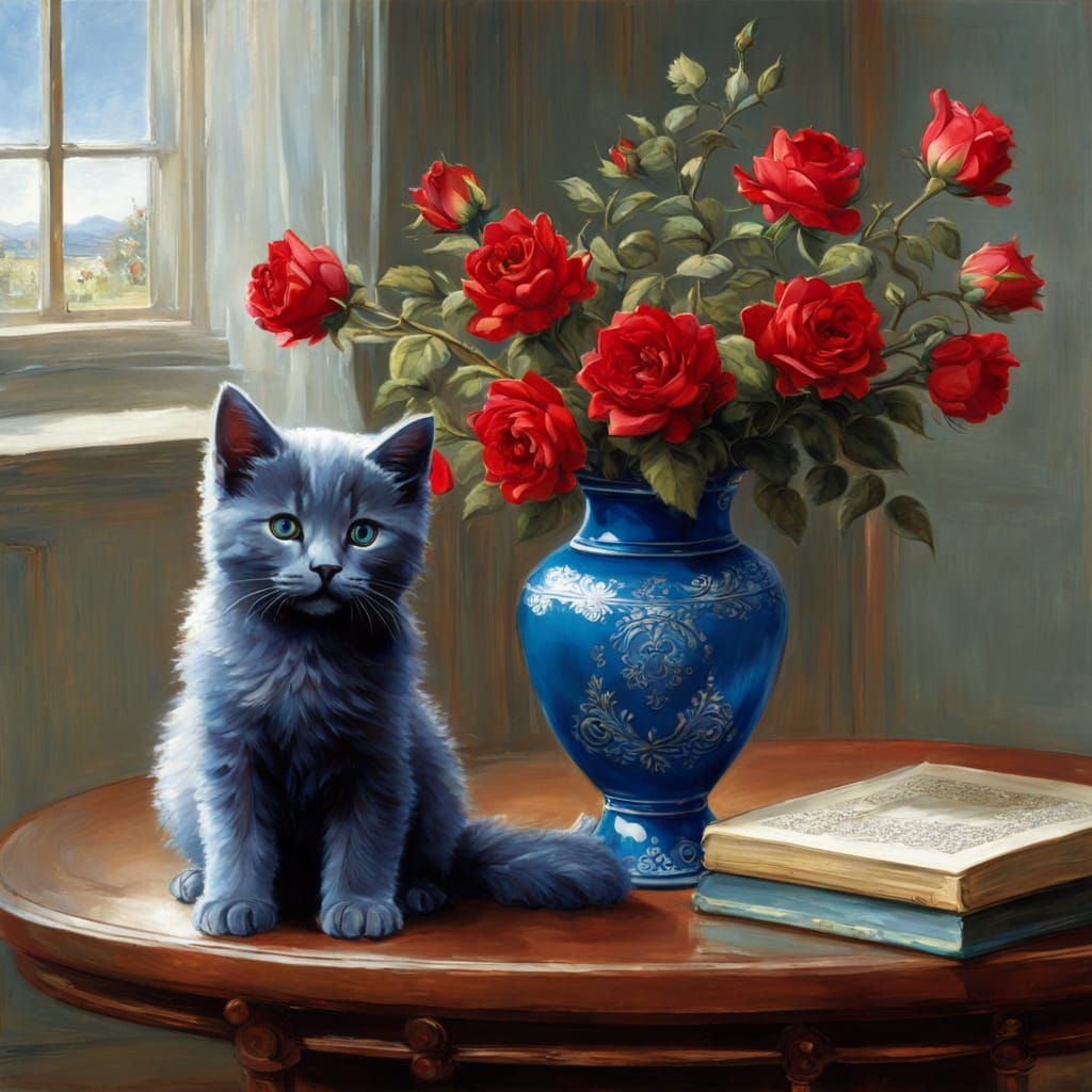 Beautiful Russian Blue Kitten on a Mahogany Table with a Blu...