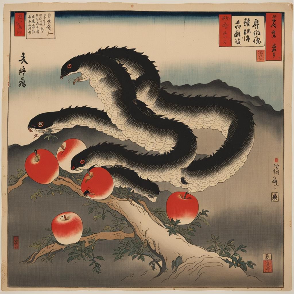 Worm Emerges from Apple in Ukiyo-e Style