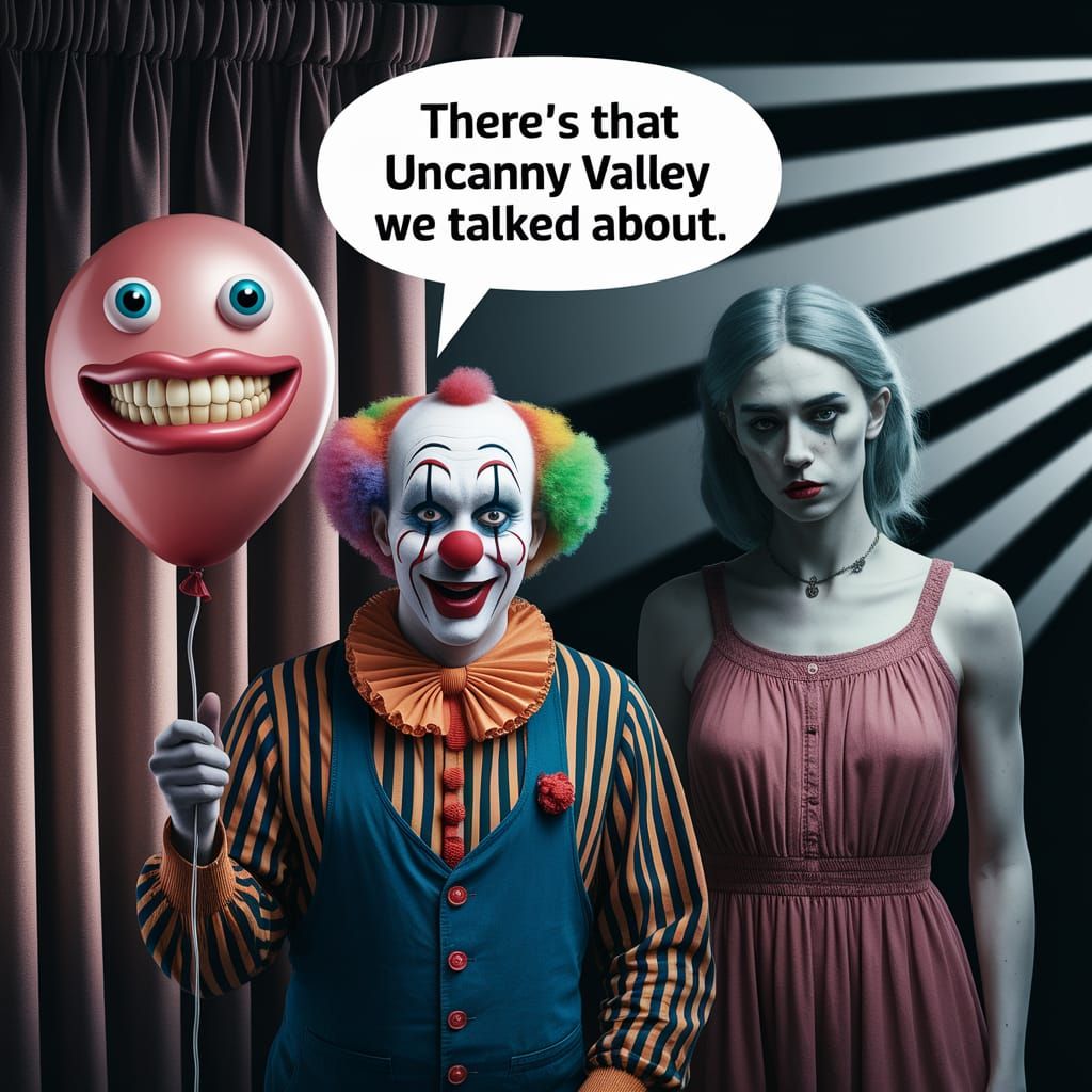 Unsettling Clown in Uncanny Valley with Creepy Mannequin