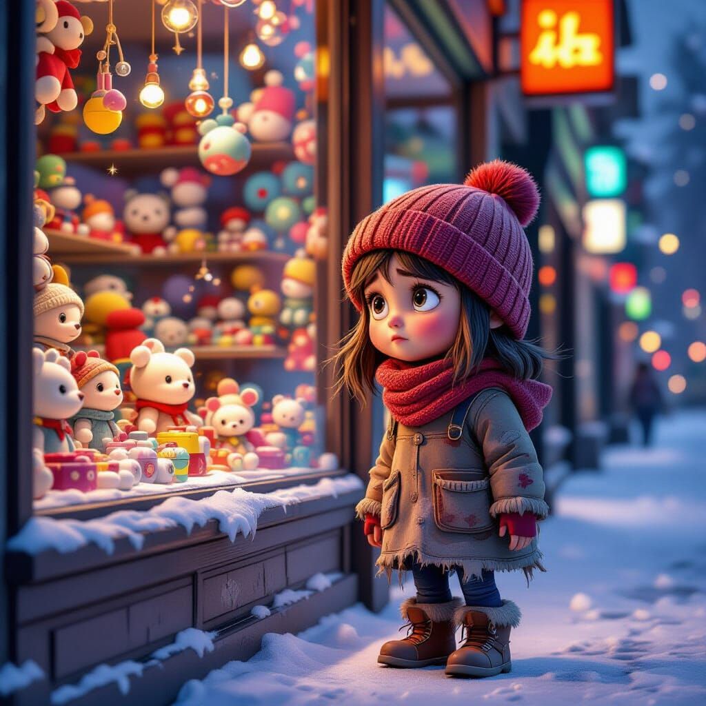 Cartoon Girl Longing Outside Toy Store in 3D Style