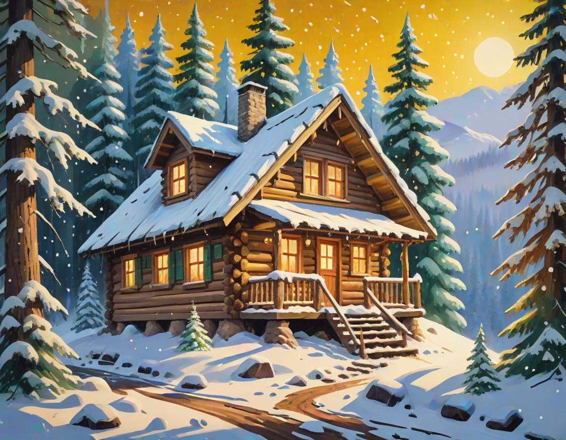 Rustic Cabin in Snowy Forest, Gouache Style