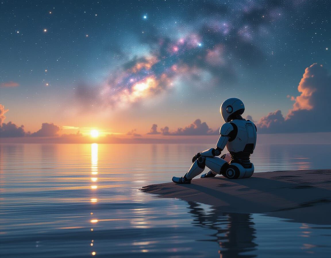 Lone Robot Gazes at Nebula on Deserted Island